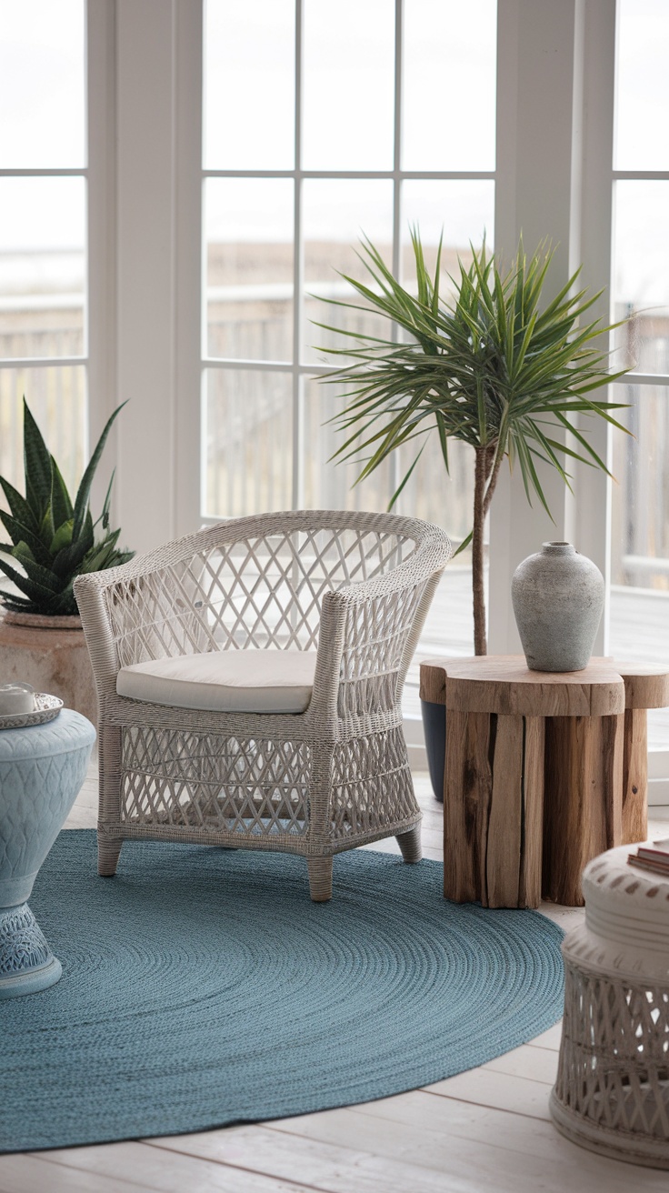 A cozy coastal interior with a wicker chair, wooden table, and decorative plants.