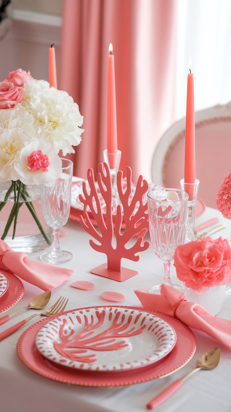 A beautifully set bridal shower table with coral accents including candles, flowers, and dinnerware.