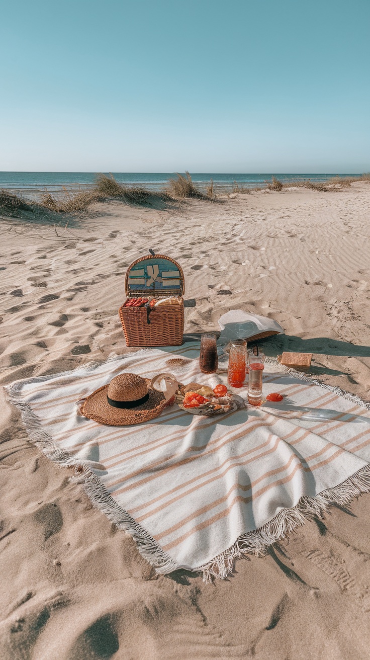 A beach scene with a blanket, a picnic basket, drinks, and snacks on the sand.