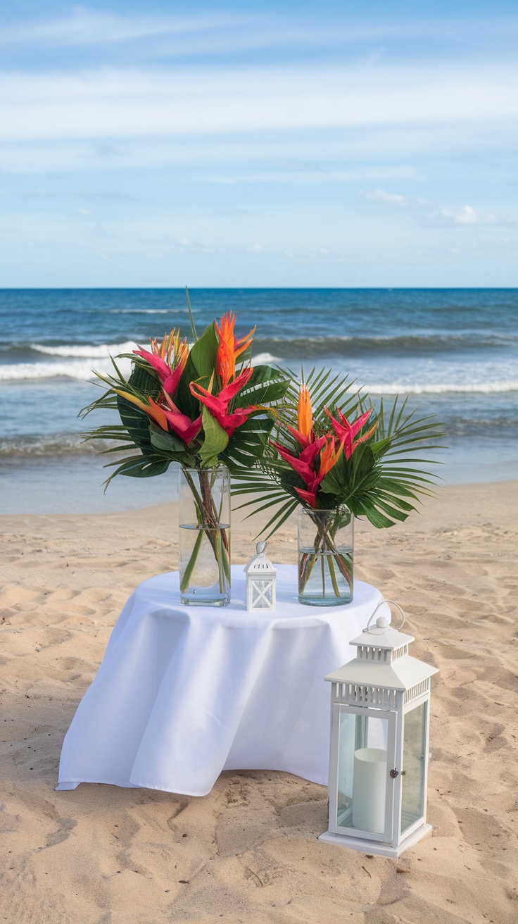 Tropical floral arrangements at a beach-themed bridal shower table with vases and lanterns.