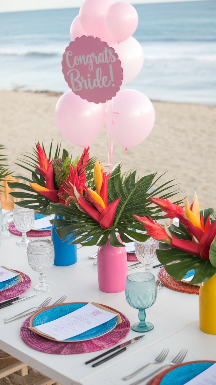 Tropical flower bouquets in colorful vases on a beach-themed bridal shower table