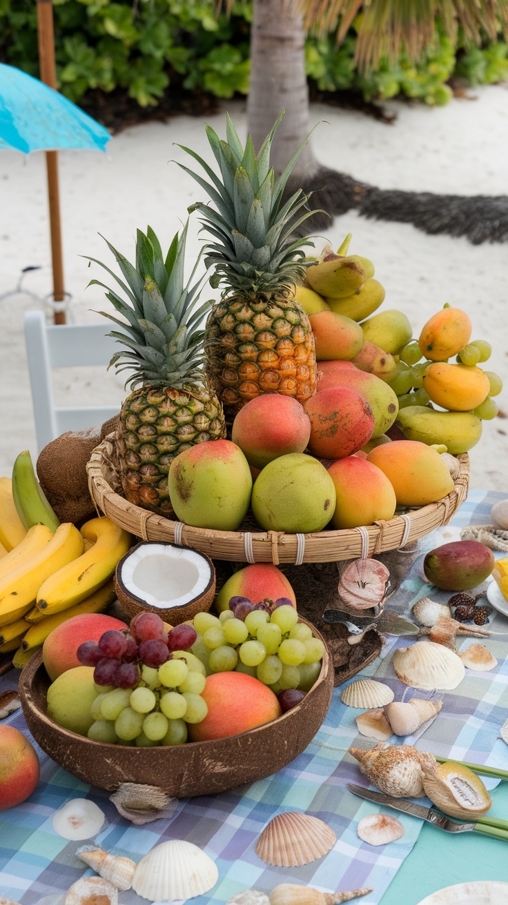 Tropical fruit display with pineapples, mangoes, bananas, and grapes on a beach-themed table