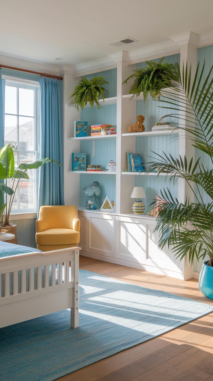 A bright kids' bedroom featuring tropical plants, a cozy yellow chair, and colorful decor.