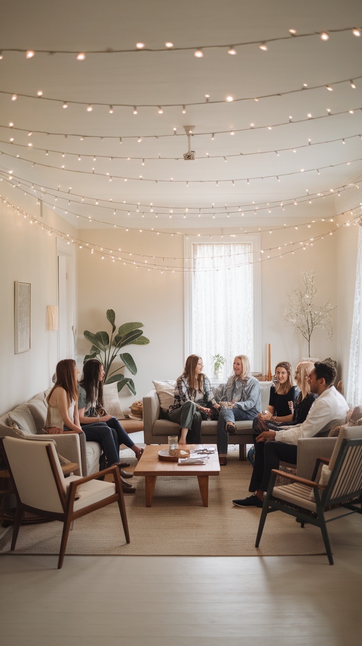 A cozy indoor winter party setting with fairy lights hanging above a group of people chatting.