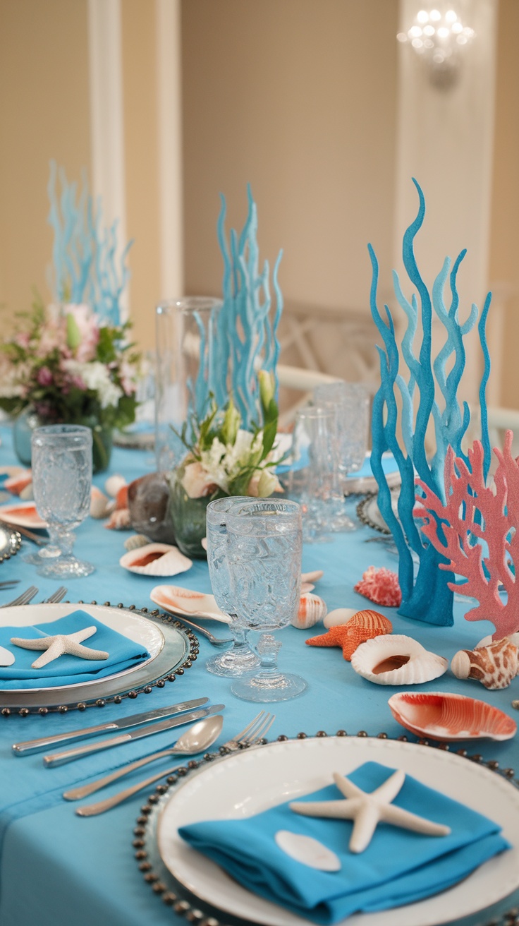 A beach-themed bridal shower table with a blue tablecloth, coral decorations, seashells, and floral centerpieces.