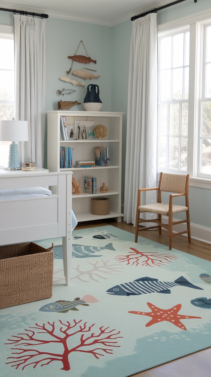 A colorful underwater-themed rug featuring fish and coral designs in a coastal kids' bedroom.