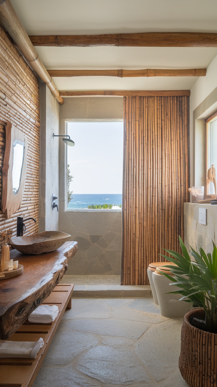 A coastal bathroom featuring natural materials like wood and stone, with a view of the ocean.