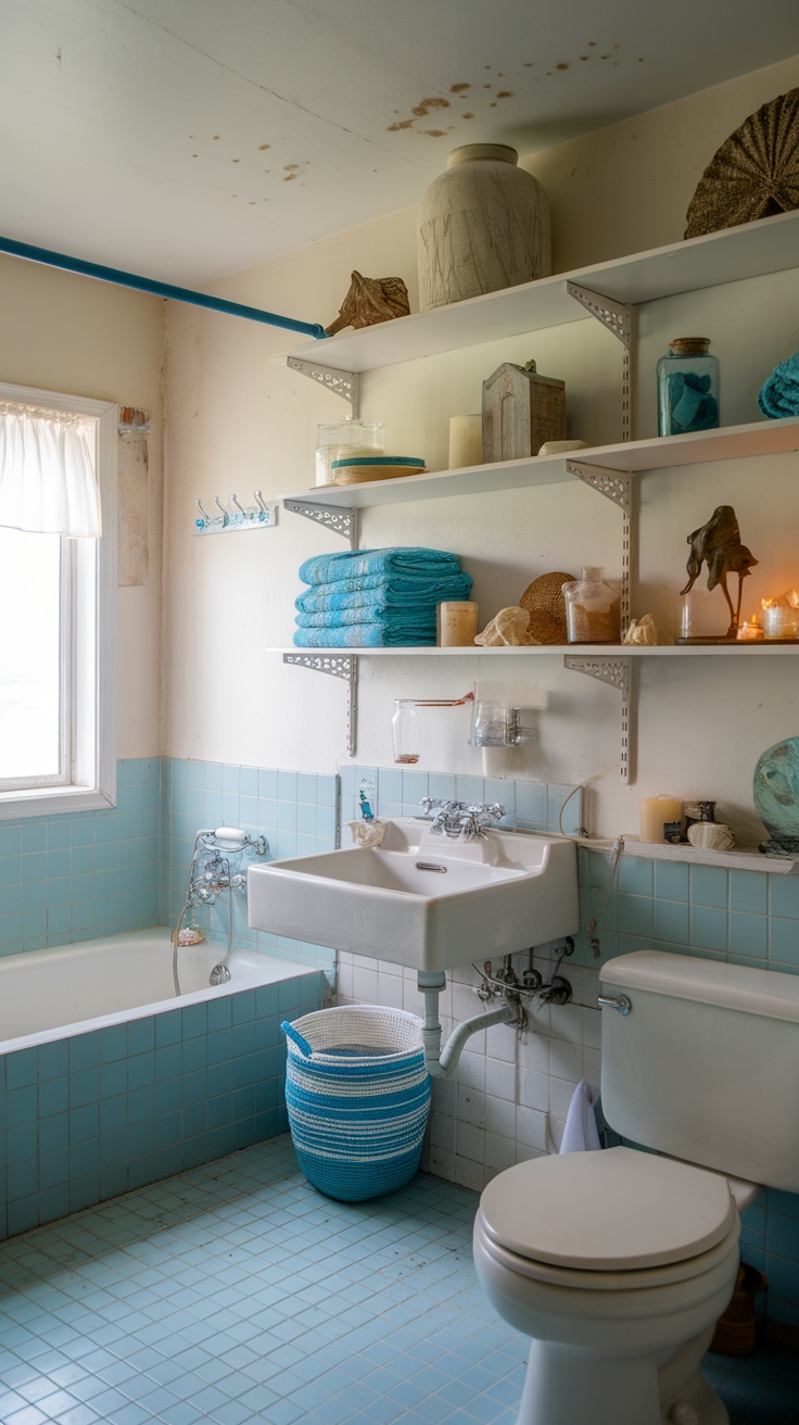 Coastal bathroom featuring open shelving with towels and decor.