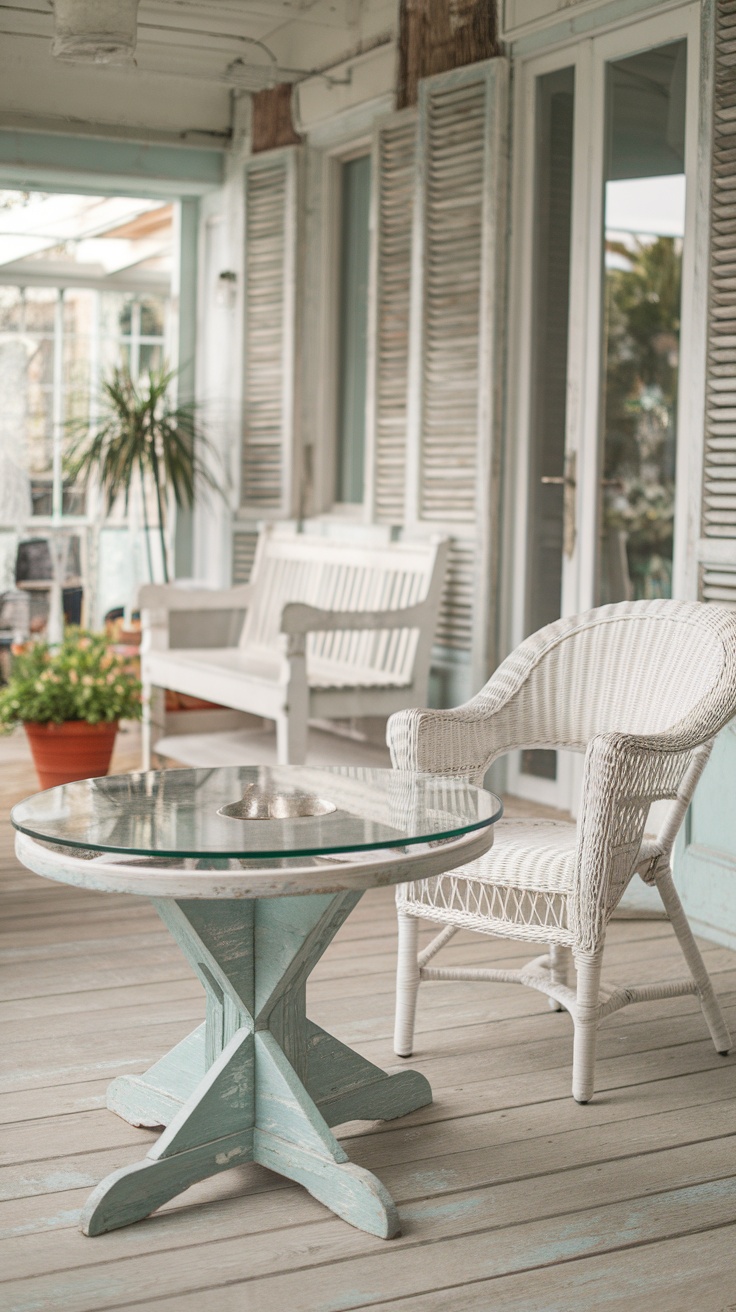 A cozy patio scene featuring a vintage blue table, a white wicker chair, and rustic wooden bench, surrounded by potted plants.