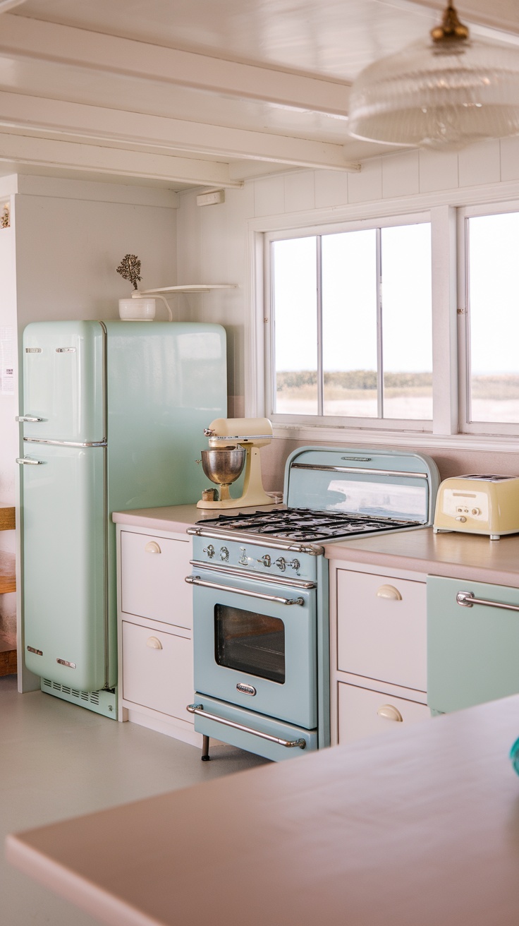 A coastal cottage kitchen featuring vintage pastel appliances.