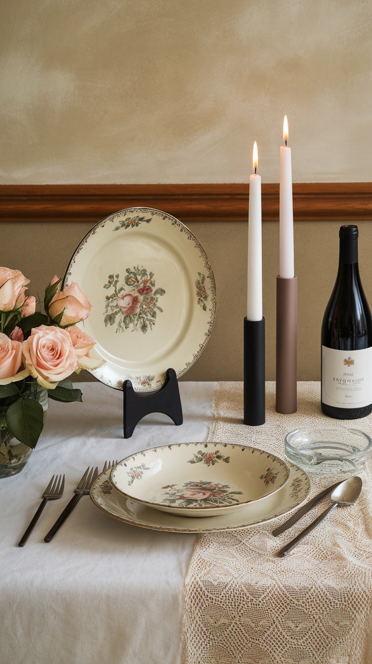 Beautifully arranged spring tablescape featuring vintage floral plates, modern candle holders, and fresh roses.