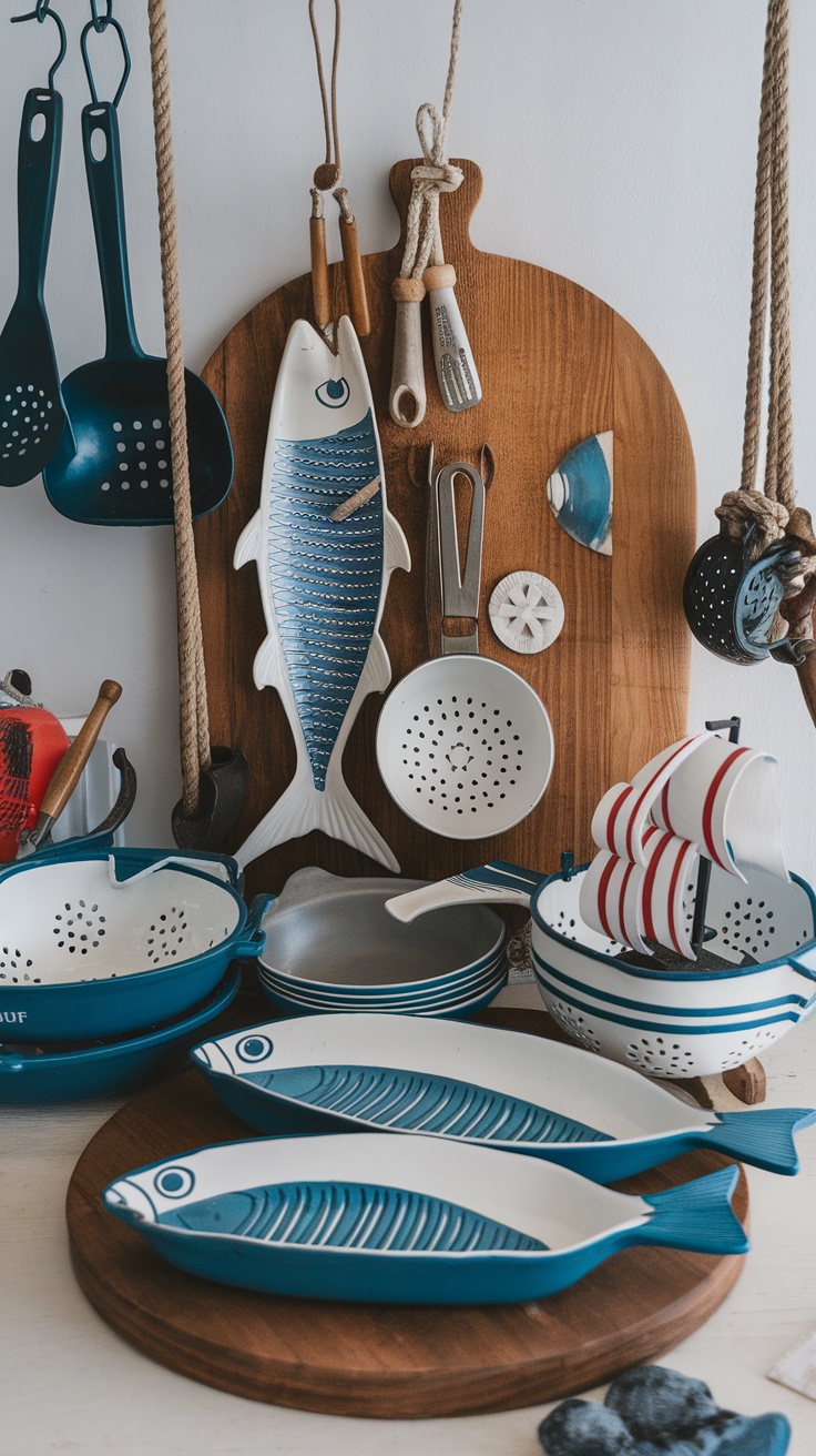 A collection of vintage coastal cookware including fish-shaped dishes, colanders, and nautical-themed items.