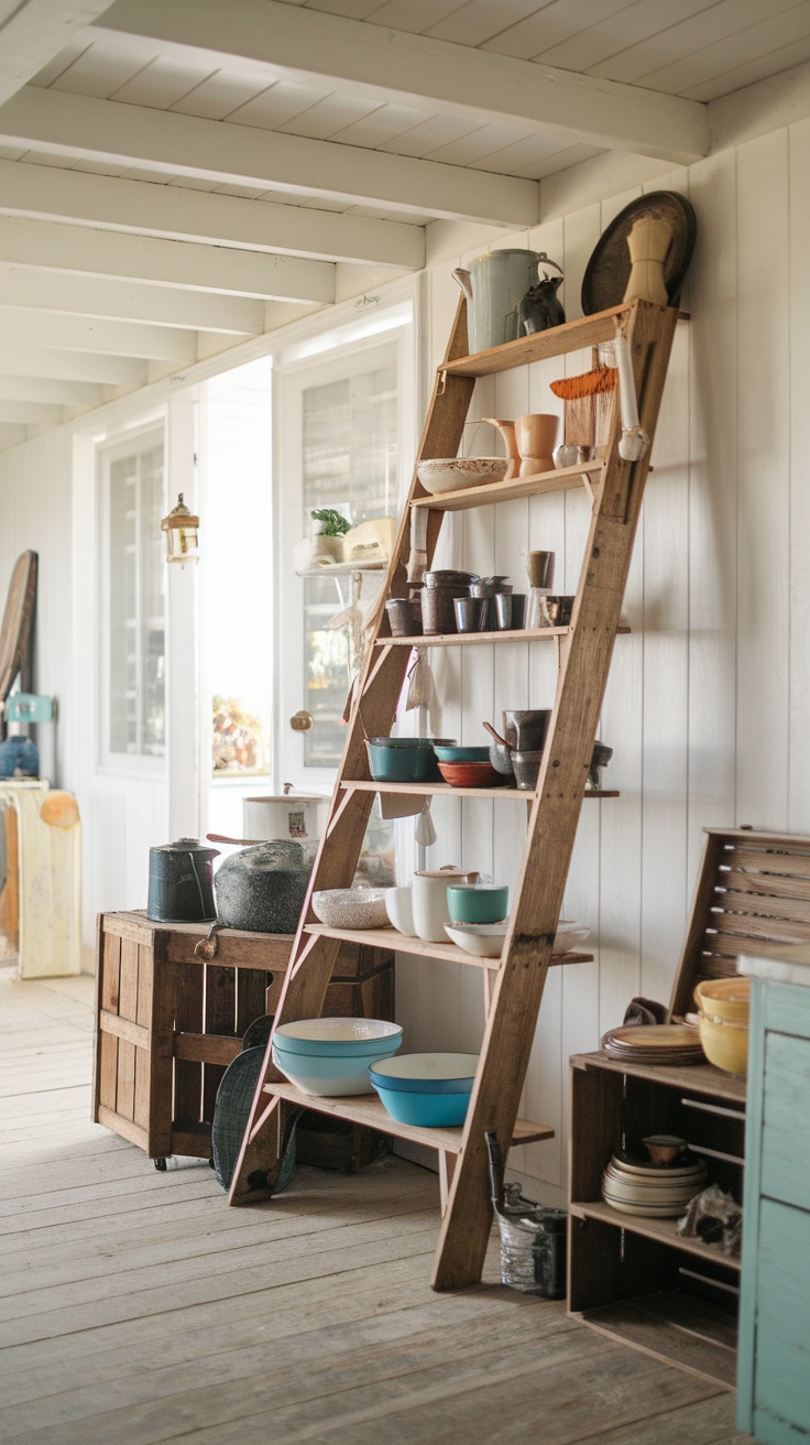 A rustic wooden ladder shelf displaying various vintage kitchen accessories including bowls and pots.