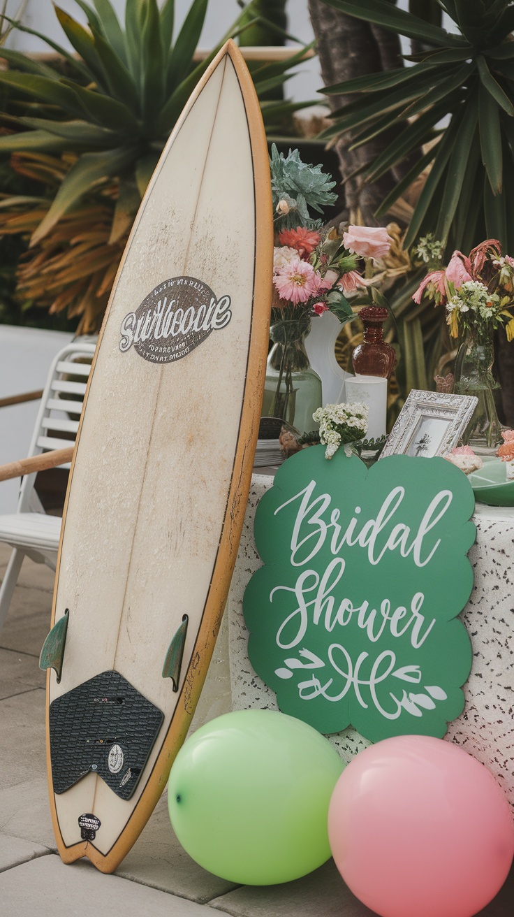 A vintage surfboard next to a sign that says Bridal Shower, with colorful balloons and flowers in the background.