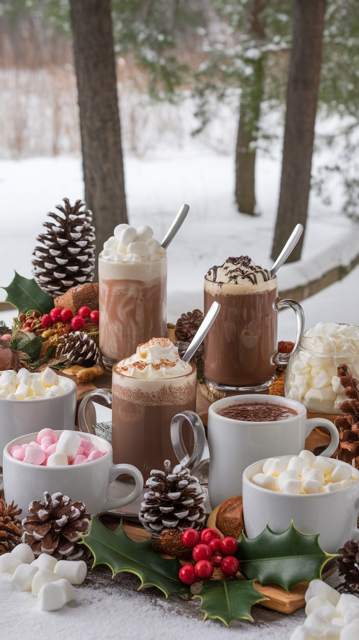 A cozy hot chocolate bar with various mugs of hot chocolate, marshmallows, pinecones, and holiday decorations.