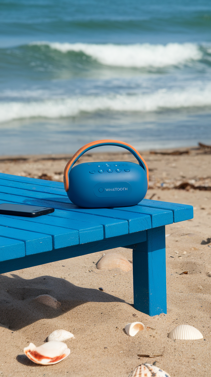 Water-resistant Bluetooth speakers on a beach table next to drinks