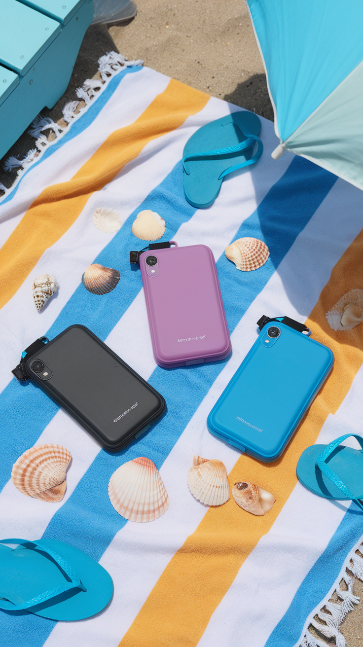 An assortment of waterproof phone pouches on a beach towel surrounded by seashells.