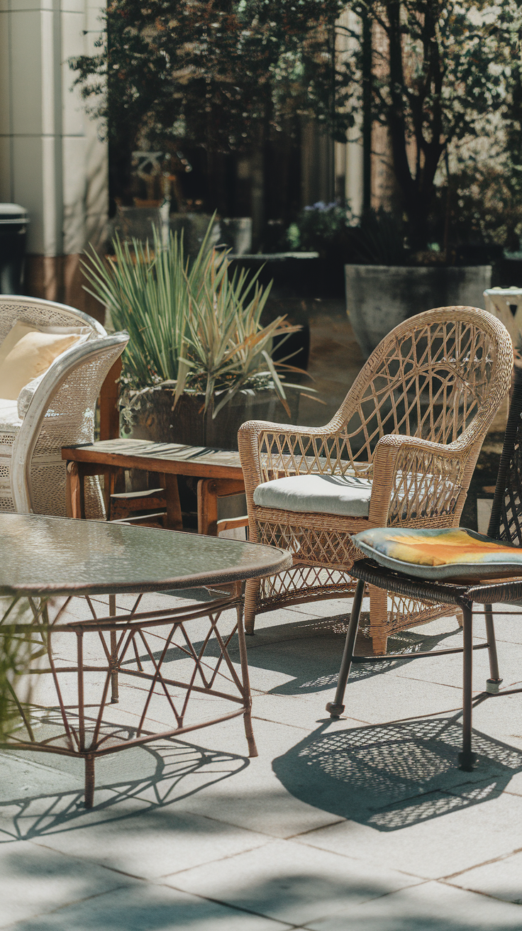 A patio setup with a metal table and wicker chairs in a green outdoor setting.