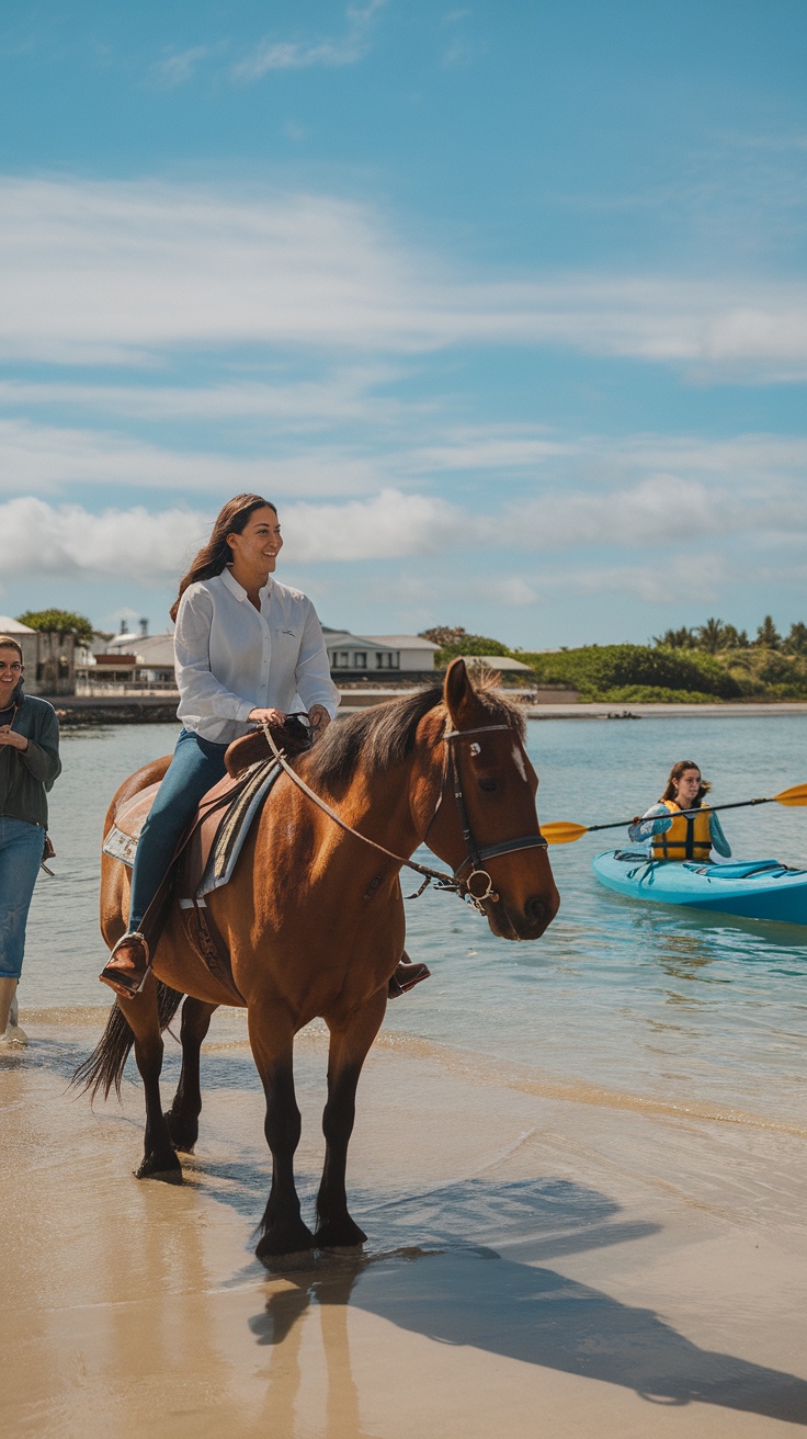 Group of women enjoying beach activities like horseback riding and kayaking.