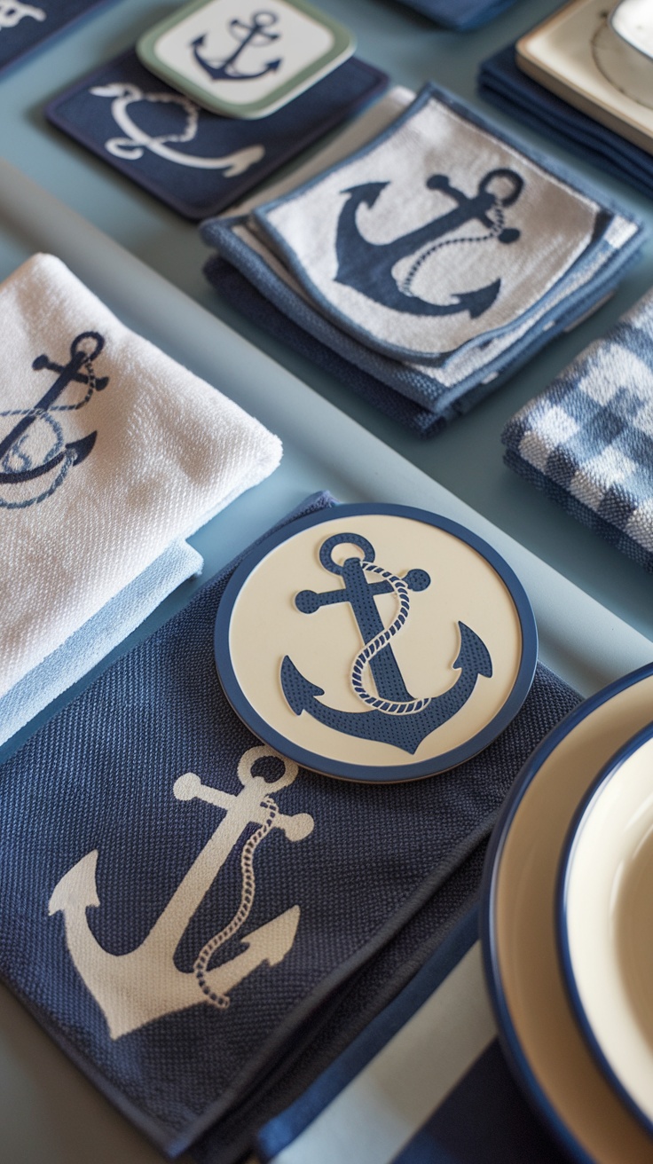 A collection of anchor motif accessories including napkins, coasters, and plates in nautical colors.