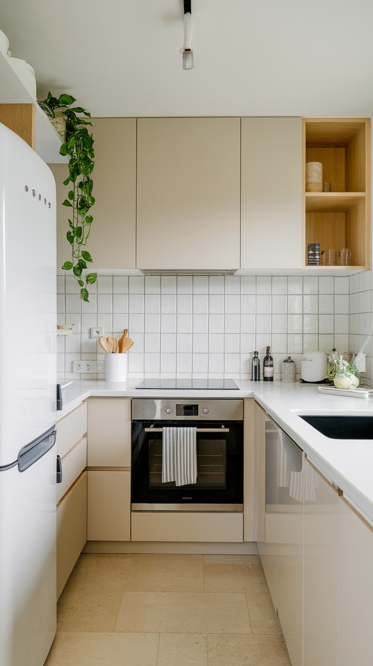 A cozy tiny kitchen featuring a compact oven, stovetop, and refrigerator in a light-colored aesthetic.