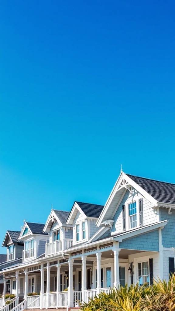 Beach cottages with light colors and natural greenery against a clear blue sky.