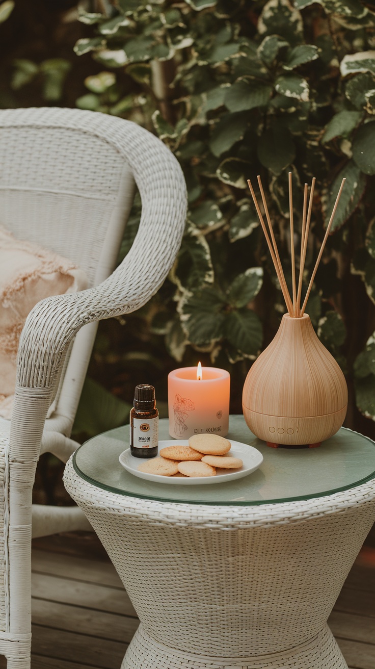 Cozy porch setup with essential oils, a candle, and cookies on a table.