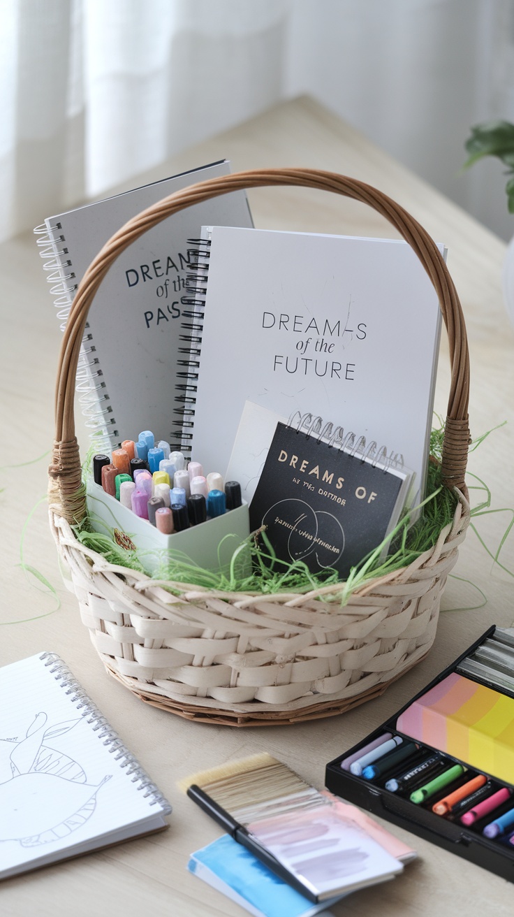 A wicker basket filled with art supplies including sketchbooks and colorful markers.