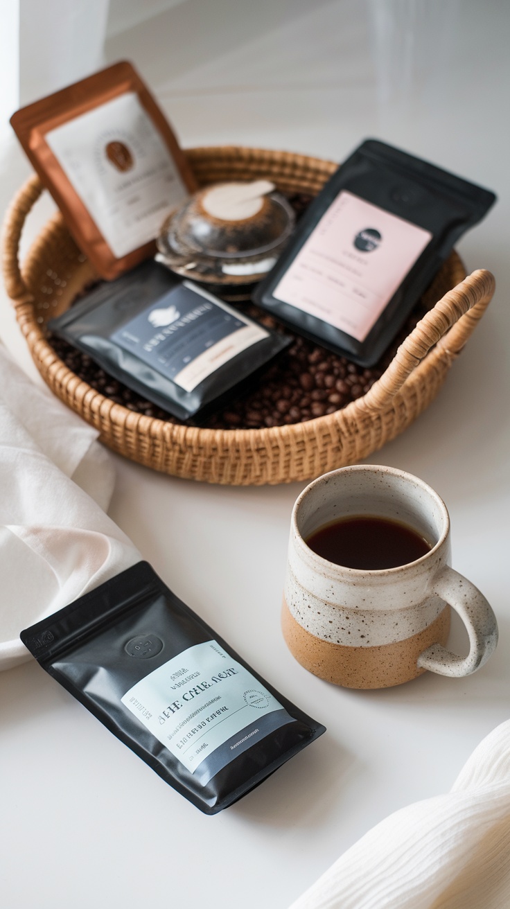 Artisan coffee sampler in a woven basket with a coffee mug