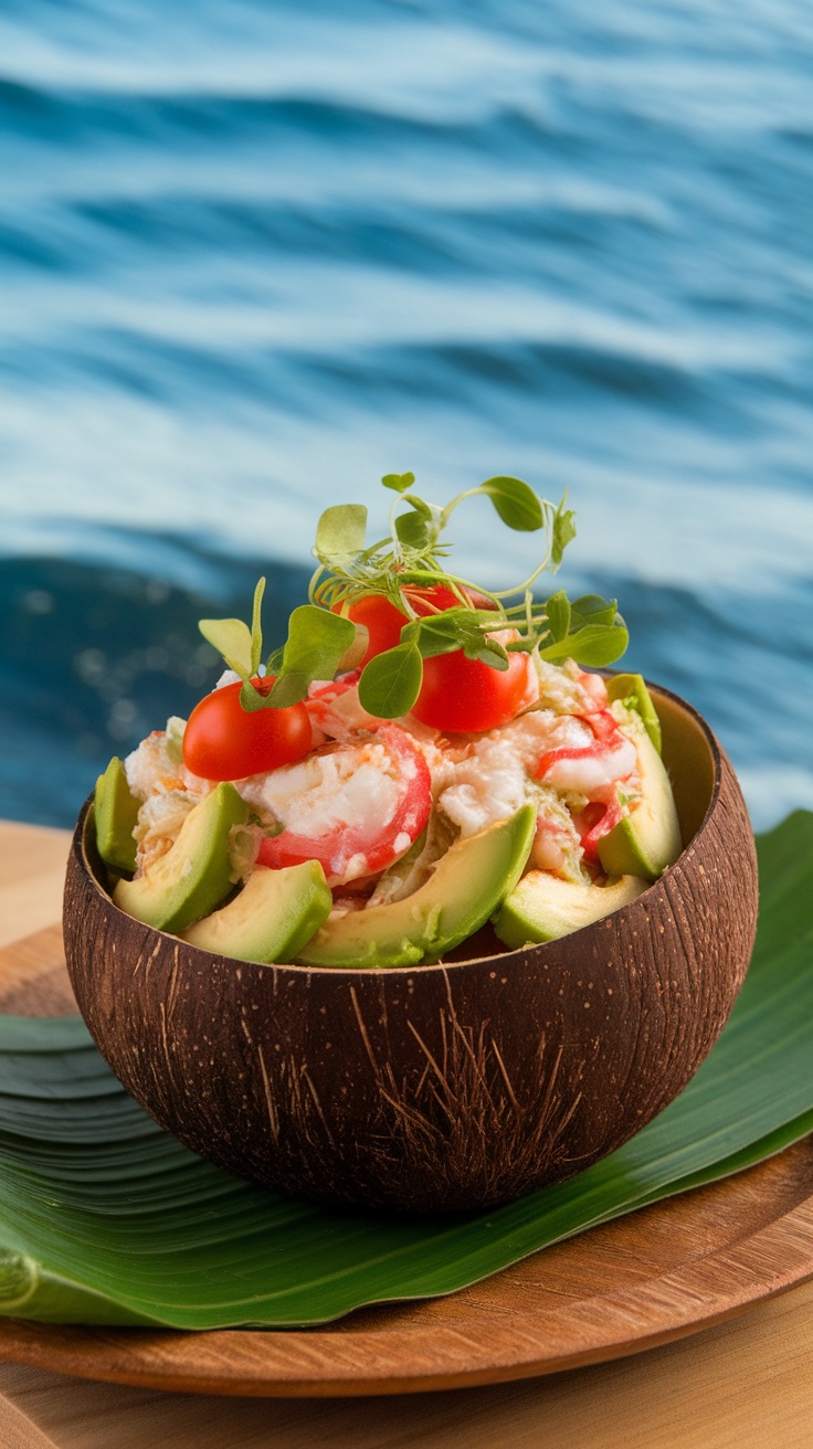 A coconut bowl filled with avocado, crab, cherry tomatoes, and microgreens against a blue ocean backdrop.