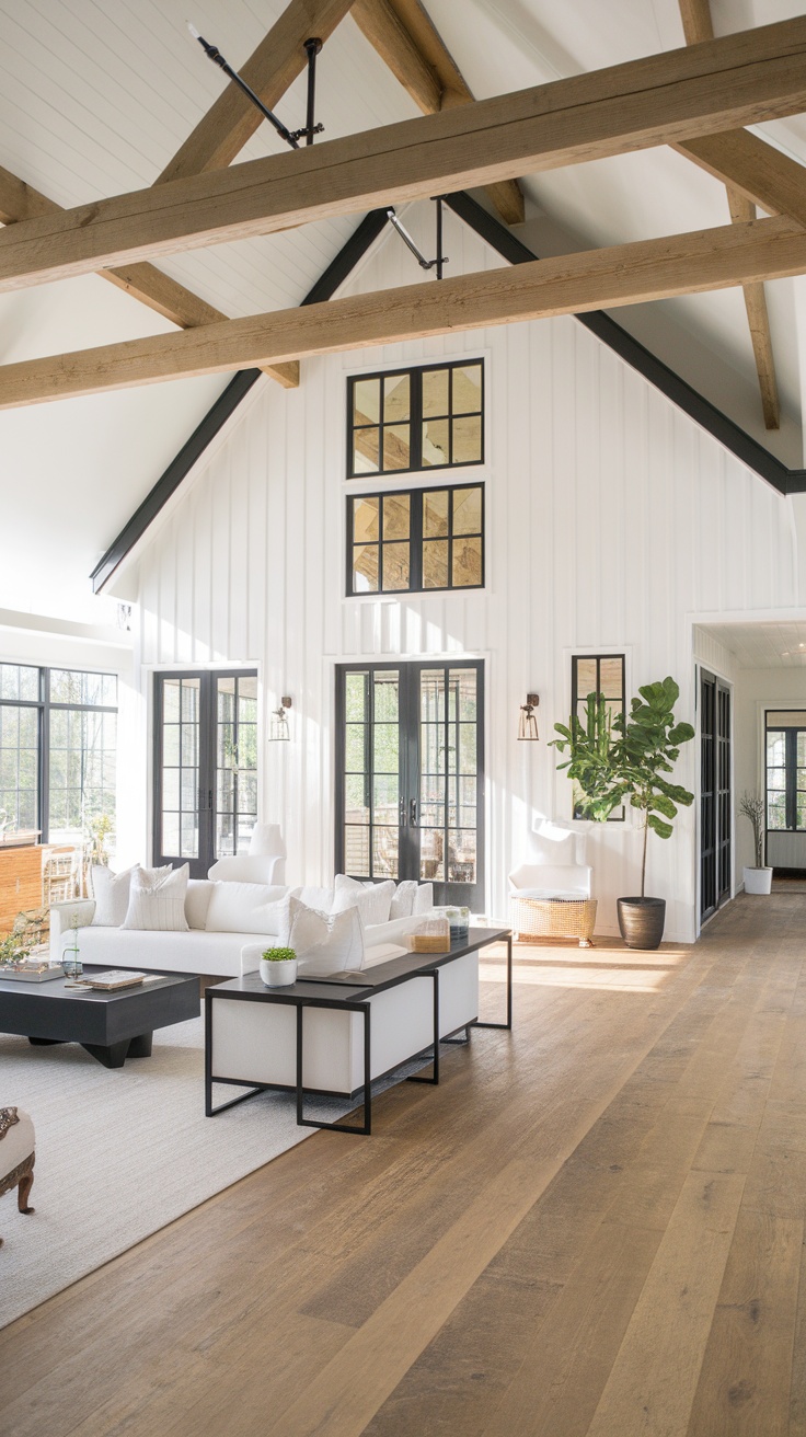 Interior of a modern farmhouse with wooden beams and minimalist furniture.