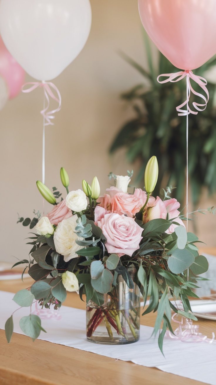 A floral centerpiece with pink roses, white flowers, and green leaves, accompanied by pink and white balloons.