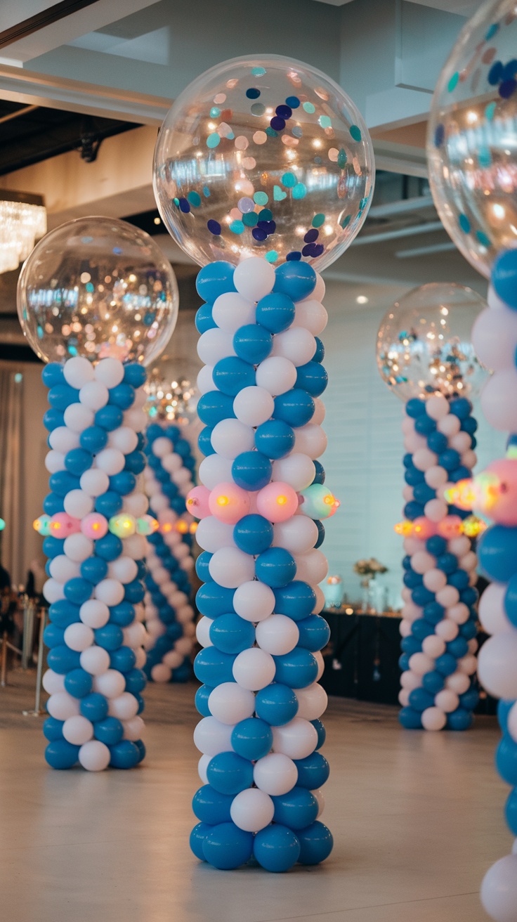 Colorful balloon columns with clear globes and confetti for event decoration.