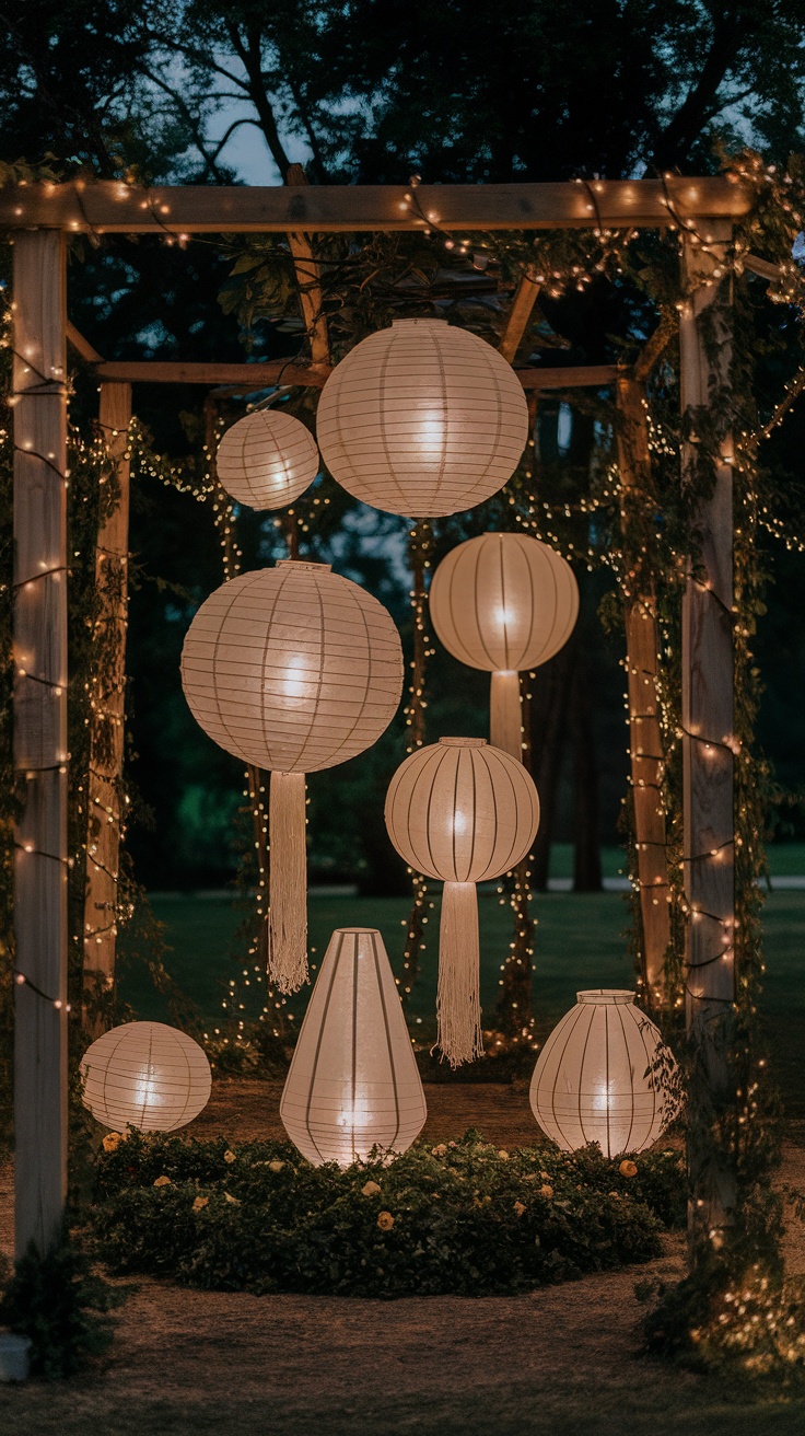 Decorative balloon lanterns illuminated at night, surrounded by fairy lights.