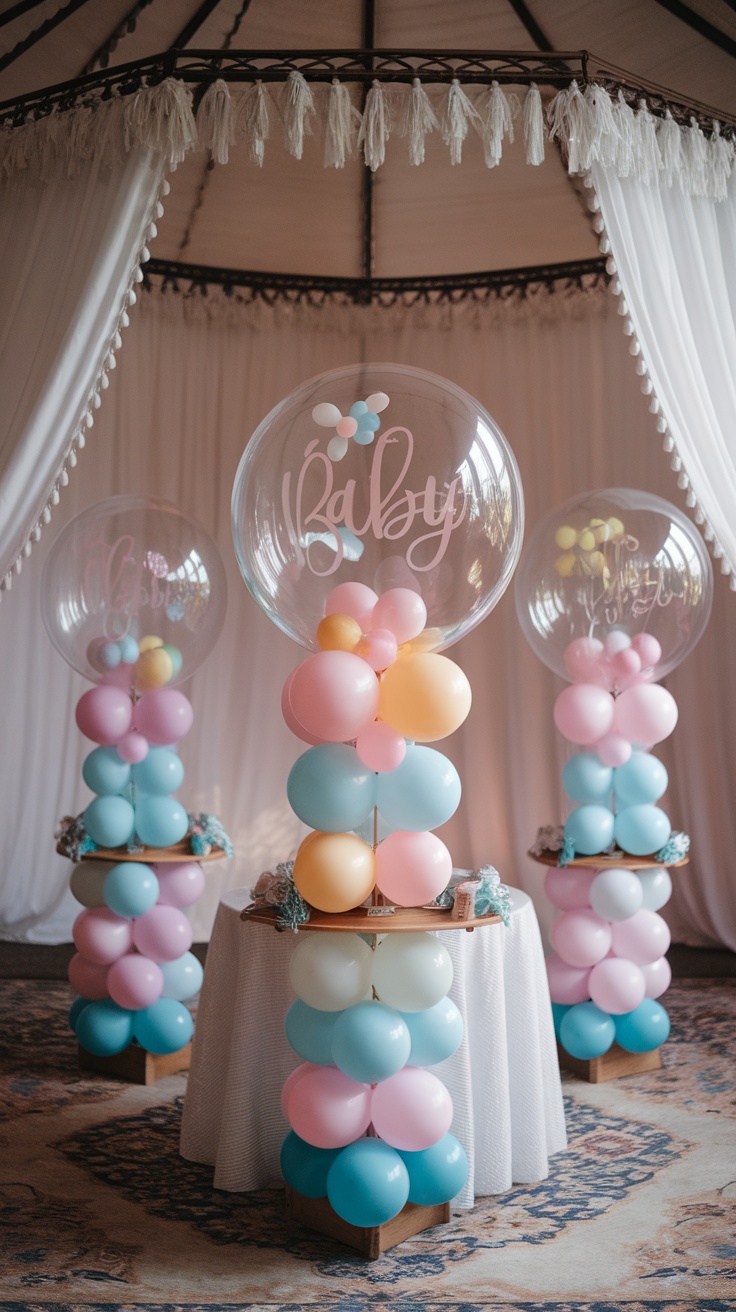 Colorful balloon centerpieces for a baby shower, featuring pastel colors and round balloons.