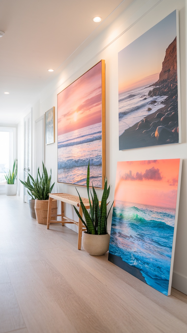 A hallway with various beach-inspired artworks on the wall, featuring ocean scenes and sunset colors, accompanied by potted plants.