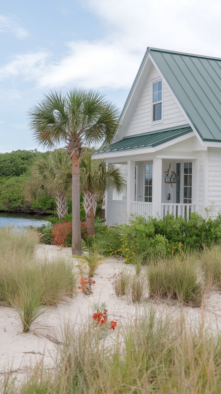 Beach cottage with palm trees and colorful landscaping