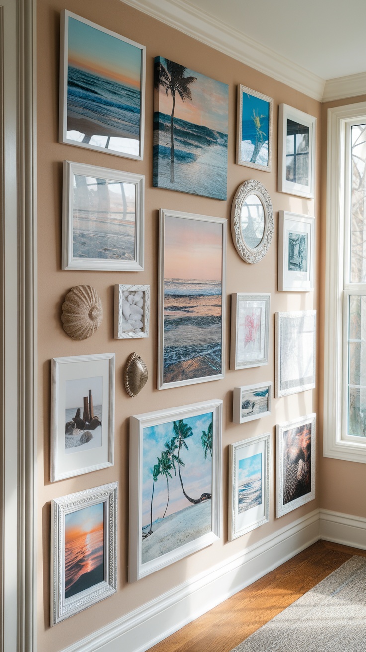 A wall decorated with various beach-themed art pieces, including ocean views and sunset images.