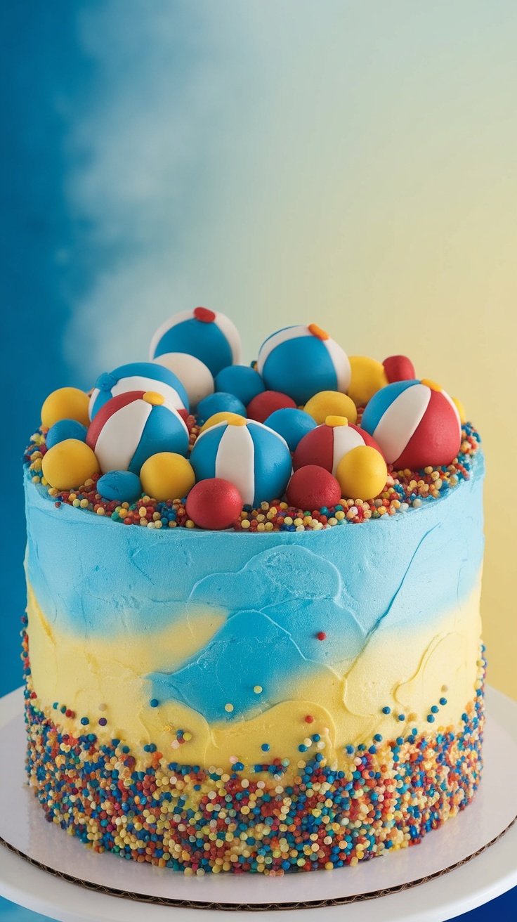 A vibrant beach-themed cake decorated with colorful beach balls and sprinkles.