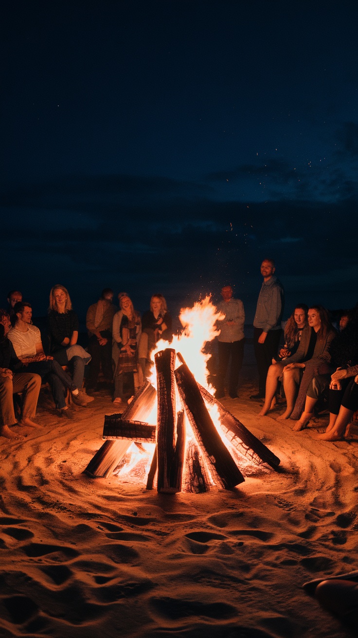 Group of people sitting around a beach bonfire in the evening.