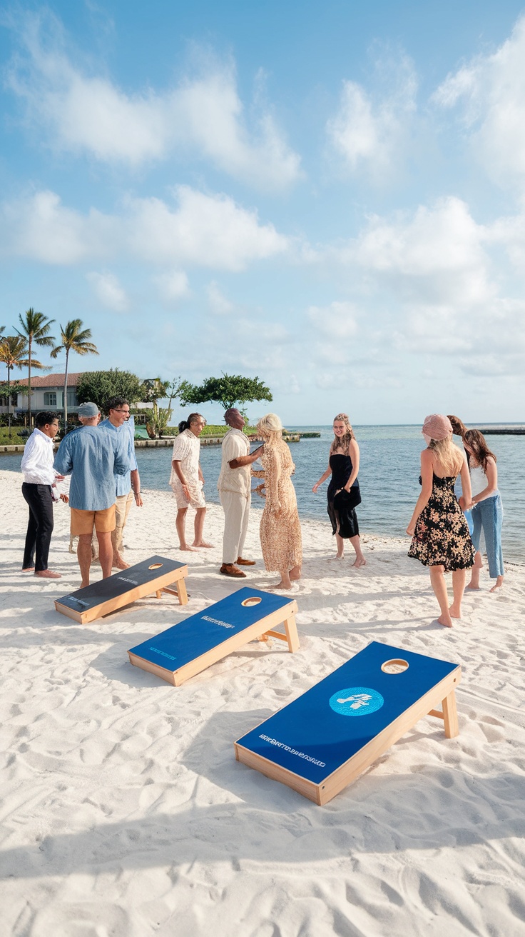 A group of people playing cornhole on the beach with the ocean in the background