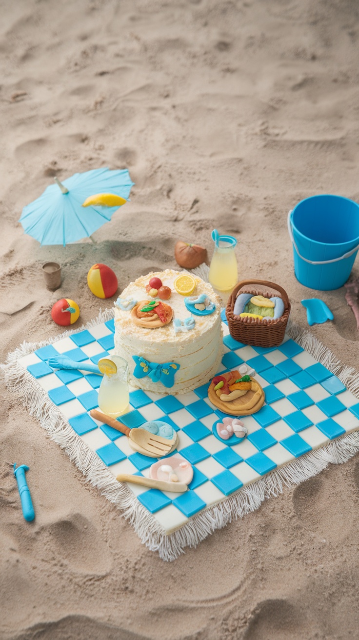 A beach-themed cake on a checkered picnic blanket with decorations like fruits, a small umbrella, and drinks, set on sand.