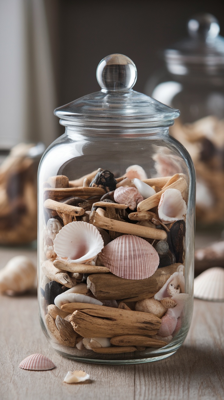 A glass jar filled with various shells and driftwood, showcasing beachcomber collections.