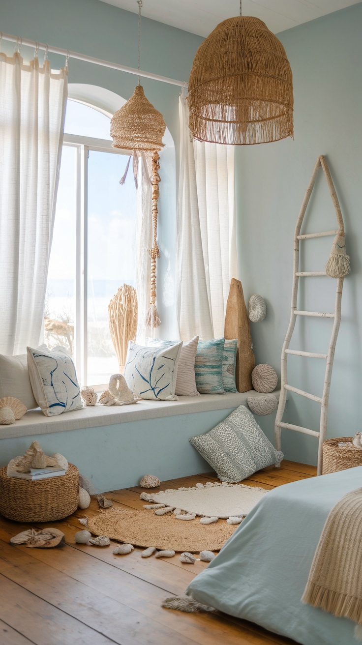 A cozy coastal bedroom with beachy accessories, including seashells, woven baskets, and soft pillows.