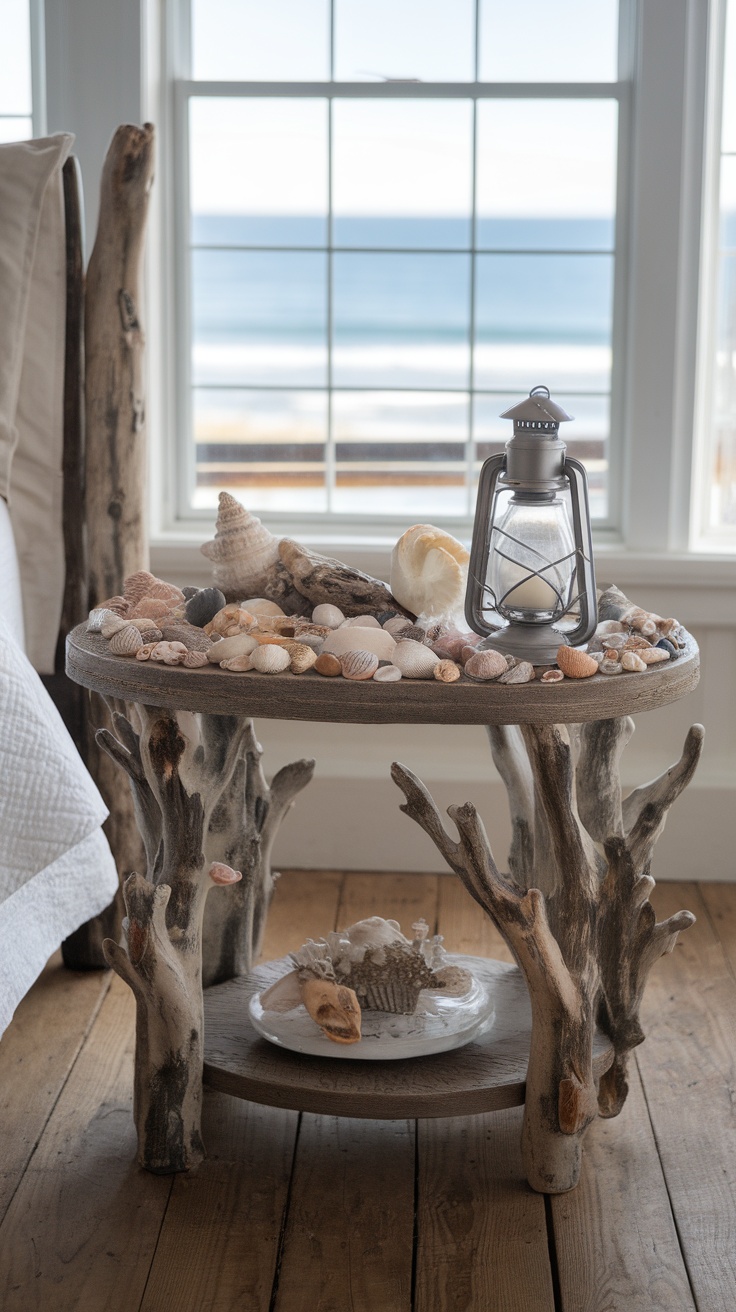 A rustic side table decorated with seashells and a lantern, overlooking a beach view.