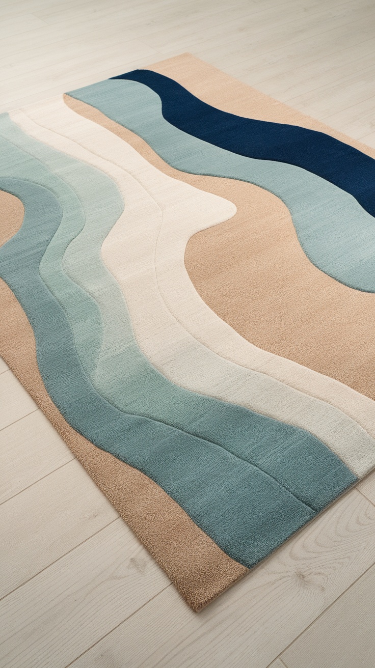 A beachy area rug featuring flowing waves of soft colors.