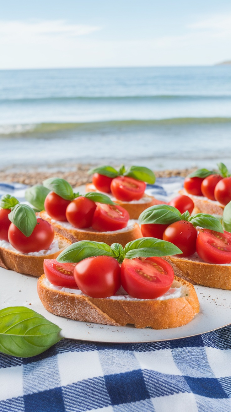 Bruschetta topped with tomatoes and basil on a beach setting