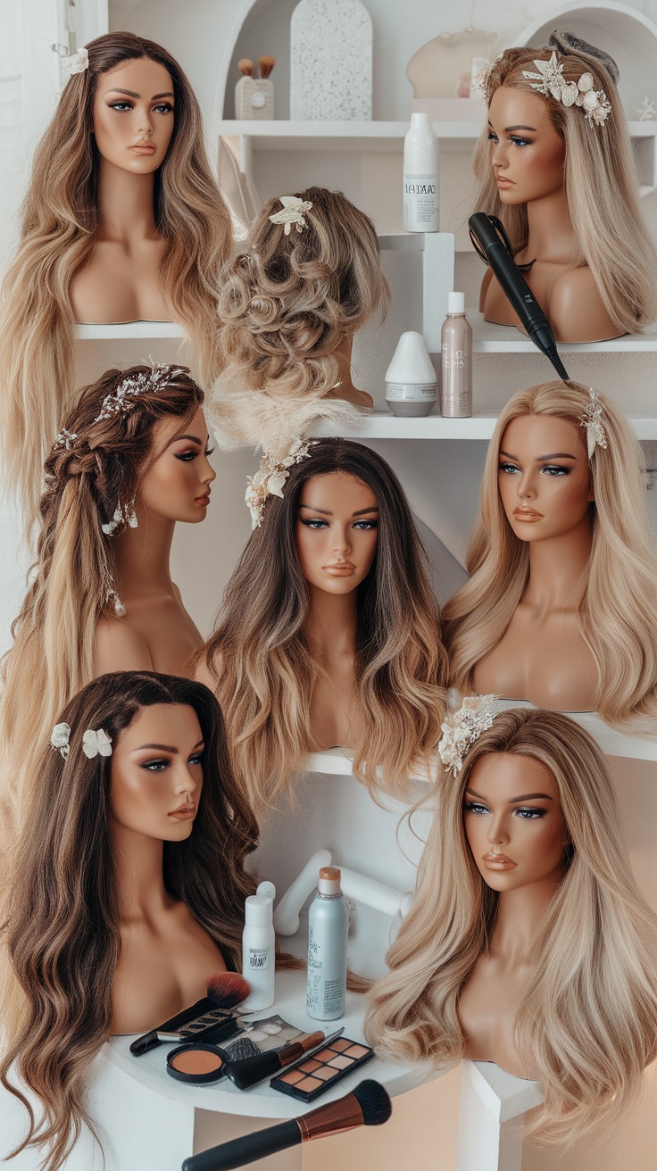 Various hairstyles and makeup products displayed on a shelf