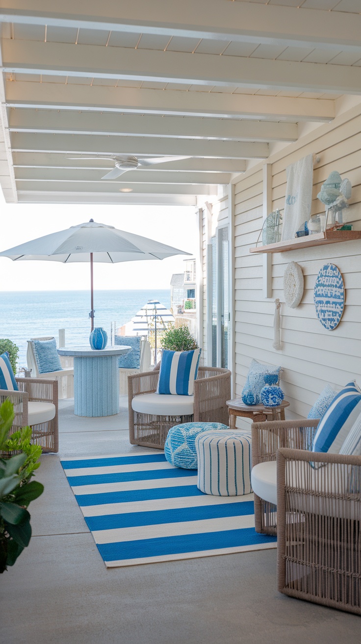 A beach-themed outdoor area with blue and white decor, comfortable seating, and a view of the ocean.