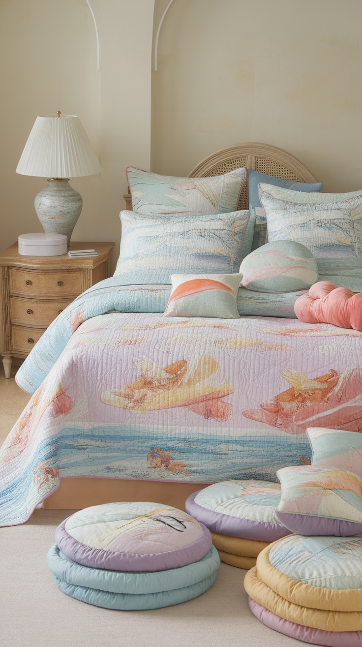 A cozy beach-themed bedroom with pastel quilts and cushions.